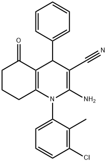 2-amino-1-(3-chloro-2-methylphenyl)-5-oxo-4-phenyl-1,4,5,6,7,8-hexahydro-3-quinolinecarbonitrile Struktur