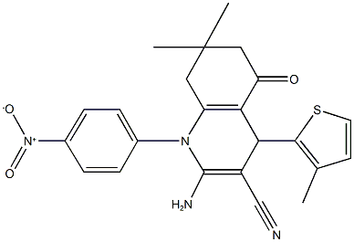 2-amino-1-{4-nitrophenyl}-7,7-dimethyl-4-(3-methyl-2-thienyl)-5-oxo-1,4,5,6,7,8-hexahydro-3-quinolinecarbonitrile Struktur