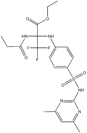 ethyl 2-(4-{[(4,6-dimethyl-2-pyrimidinyl)amino]sulfonyl}anilino)-3,3,3-trifluoro-2-(propionylamino)propanoate Struktur