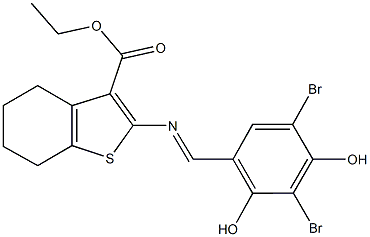 ethyl 2-[(3,5-dibromo-2,4-dihydroxybenzylidene)amino]-4,5,6,7-tetrahydro-1-benzothiophene-3-carboxylate Struktur