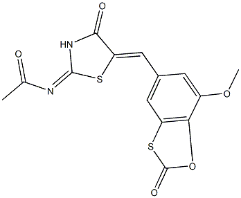 N-{5-[(7-methoxy-2-oxo-1,3-benzoxathiol-5-yl)methylene]-4-oxo-1,3-thiazolidin-2-ylidene}acetamide Struktur