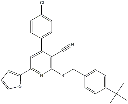 2-[(4-tert-butylbenzyl)sulfanyl]-4-(4-chlorophenyl)-6-(2-thienyl)nicotinonitrile Struktur