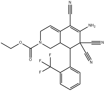 ethyl 6-amino-5,7,7-tricyano-8-[2-(trifluoromethyl)phenyl]-3,7,8,8a-tetrahydro-2(1H)-isoquinolinecarboxylate Struktur