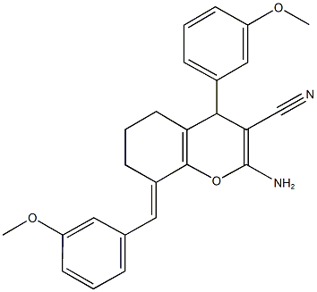 2-amino-8-(3-methoxybenzylidene)-4-(3-methoxyphenyl)-5,6,7,8-tetrahydro-4H-chromene-3-carbonitrile Struktur