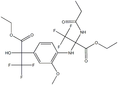 ethyl 2-{4-[1-(ethoxycarbonyl)-2,2,2-trifluoro-1-hydroxyethyl]-2-methoxyanilino}-3,3,3-trifluoro-2-(propionylamino)propanoate Struktur