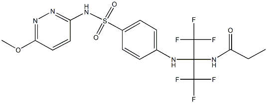 N-[2,2,2-trifluoro-1-(4-{[(6-methoxy-3-pyridazinyl)amino]sulfonyl}anilino)-1-(trifluoromethyl)ethyl]propanamide Struktur