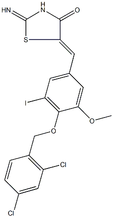 5-{4-[(2,4-dichlorobenzyl)oxy]-3-iodo-5-methoxybenzylidene}-2-imino-1,3-thiazolidin-4-one Struktur