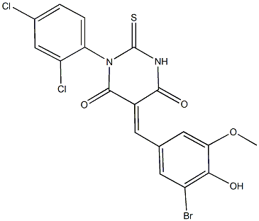 5-(3-bromo-4-hydroxy-5-methoxybenzylidene)-1-(2,4-dichlorophenyl)-2-thioxodihydro-4,6(1H,5H)-pyrimidinedione Struktur