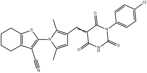 2-(3-{[1-(4-chlorophenyl)-4,6-dioxo-2-thioxotetrahydro-5(2H)-pyrimidinylidene]methyl}-2,5-dimethyl-1H-pyrrol-1-yl)-4,5,6,7-tetrahydro-1-benzothiophene-3-carbonitrile Struktur