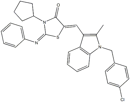 5-{[1-(4-chlorobenzyl)-2-methyl-1H-indol-3-yl]methylene}-3-cyclopentyl-2-(phenylimino)-1,3-thiazolidin-4-one Struktur