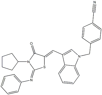 4-[(3-{[3-cyclopentyl-4-oxo-2-(phenylimino)-1,3-thiazolidin-5-ylidene]methyl}-1H-indol-1-yl)methyl]benzonitrile Struktur