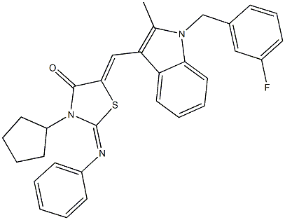 3-cyclopentyl-5-{[1-(3-fluorobenzyl)-2-methyl-1H-indol-3-yl]methylene}-2-(phenylimino)-1,3-thiazolidin-4-one Struktur