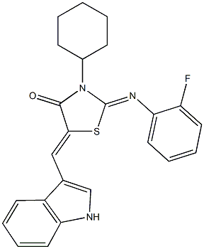 3-cyclohexyl-2-[(2-fluorophenyl)imino]-5-(1H-indol-3-ylmethylene)-1,3-thiazolidin-4-one Struktur