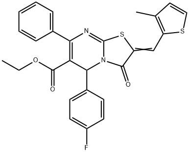 ethyl 5-(4-fluorophenyl)-2-[(3-methyl-2-thienyl)methylene]-3-oxo-7-phenyl-2,3-dihydro-5H-[1,3]thiazolo[3,2-a]pyrimidine-6-carboxylate Struktur