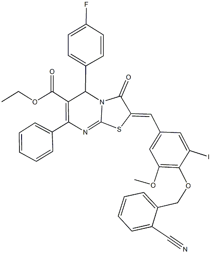 ethyl 2-{4-[(2-cyanobenzyl)oxy]-3-iodo-5-methoxybenzylidene}-5-(4-fluorophenyl)-3-oxo-7-phenyl-2,3-dihydro-5H-[1,3]thiazolo[3,2-a]pyrimidine-6-carboxylate Struktur