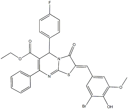 ethyl 2-(3-bromo-4-hydroxy-5-methoxybenzylidene)-5-(4-fluorophenyl)-3-oxo-7-phenyl-2,3-dihydro-5H-[1,3]thiazolo[3,2-a]pyrimidine-6-carboxylate Struktur