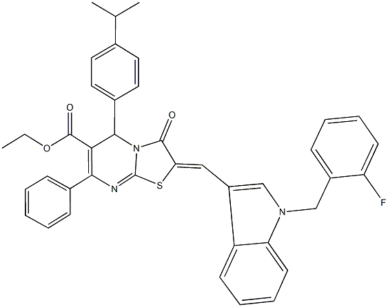 ethyl 2-{[1-(2-fluorobenzyl)-1H-indol-3-yl]methylene}-5-(4-isopropylphenyl)-3-oxo-7-phenyl-2,3-dihydro-5H-[1,3]thiazolo[3,2-a]pyrimidine-6-carboxylate Struktur