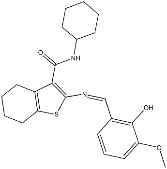 N-cyclohexyl-2-[(2-hydroxy-3-methoxybenzylidene)amino]-4,5,6,7-tetrahydro-1-benzothiophene-3-carboxamide Struktur