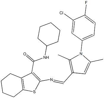 2-({[1-(3-chloro-4-fluorophenyl)-2,5-dimethyl-1H-pyrrol-3-yl]methylene}amino)-N-cyclohexyl-4,5,6,7-tetrahydro-1-benzothiophene-3-carboxamide Struktur