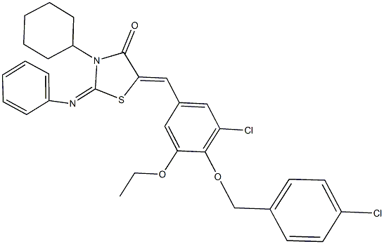 5-{3-chloro-4-[(4-chlorobenzyl)oxy]-5-ethoxybenzylidene}-3-cyclohexyl-2-(phenylimino)-1,3-thiazolidin-4-one Struktur