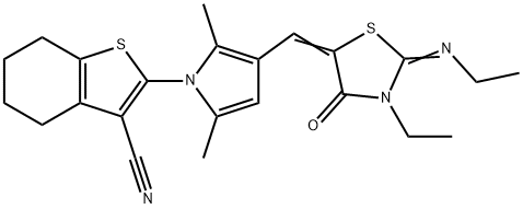 2-(3-{[3-ethyl-2-(ethylimino)-4-oxo-1,3-thiazolidin-5-ylidene]methyl}-2,5-dimethyl-1H-pyrrol-1-yl)-4,5,6,7-tetrahydro-1-benzothiophene-3-carbonitrile Struktur