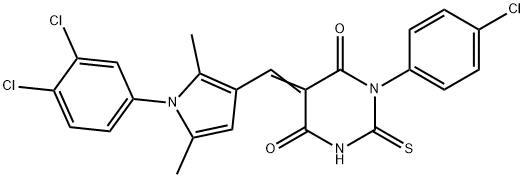 1-(4-chlorophenyl)-5-{[1-(3,4-dichlorophenyl)-2,5-dimethyl-1H-pyrrol-3-yl]methylene}-2-thioxodihydro-4,6(1H,5H)-pyrimidinedione Struktur