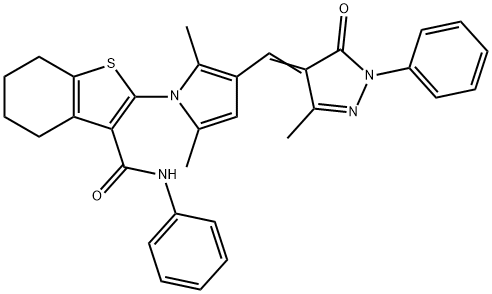 2-{2,5-dimethyl-3-[(3-methyl-5-oxo-1-phenyl-1,5-dihydro-4H-pyrazol-4-ylidene)methyl]-1H-pyrrol-1-yl}-N-phenyl-4,5,6,7-tetrahydro-1-benzothiophene-3-carboxamide Struktur