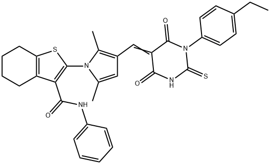 2-{3-[(1-(4-ethylphenyl)-4,6-dioxo-2-thioxotetrahydro-5(2H)-pyrimidinylidene)methyl]-2,5-dimethyl-1H-pyrrol-1-yl}-N-phenyl-4,5,6,7-tetrahydro-1-benzothiophene-3-carboxamide Struktur