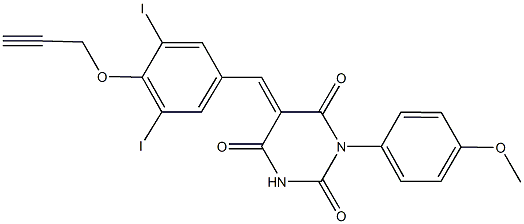 5-[3,5-diiodo-4-(2-propynyloxy)benzylidene]-1-(4-methoxyphenyl)-2,4,6(1H,3H,5H)-pyrimidinetrione Struktur