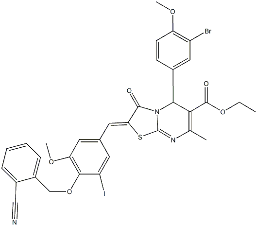 ethyl 5-(3-bromo-4-methoxyphenyl)-2-{4-[(2-cyanobenzyl)oxy]-3-iodo-5-methoxybenzylidene}-7-methyl-3-oxo-2,3-dihydro-5H-[1,3]thiazolo[3,2-a]pyrimidine-6-carboxylate Struktur