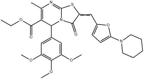 ethyl 7-methyl-3-oxo-2-{[5-(1-piperidinyl)-2-furyl]methylene}-5-(3,4,5-trimethoxyphenyl)-2,3-dihydro-5H-[1,3]thiazolo[3,2-a]pyrimidine-6-carboxylate Struktur