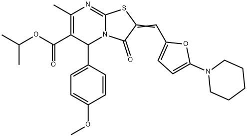 isopropyl 5-(4-methoxyphenyl)-7-methyl-3-oxo-2-{[5-(1-piperidinyl)-2-furyl]methylene}-2,3-dihydro-5H-[1,3]thiazolo[3,2-a]pyrimidine-6-carboxylate Struktur