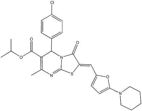 isopropyl 5-(4-chlorophenyl)-7-methyl-3-oxo-2-{[5-(1-piperidinyl)-2-furyl]methylene}-2,3-dihydro-5H-[1,3]thiazolo[3,2-a]pyrimidine-6-carboxylate Struktur