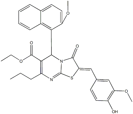 ethyl 2-(4-hydroxy-3-methoxybenzylidene)-5-(2-methoxy-1-naphthyl)-3-oxo-7-propyl-2,3-dihydro-5H-[1,3]thiazolo[3,2-a]pyrimidine-6-carboxylate Struktur