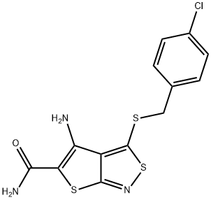 4-amino-3-[(4-chlorobenzyl)sulfanyl]thieno[2,3-c]isothiazole-5-carboxamide Struktur