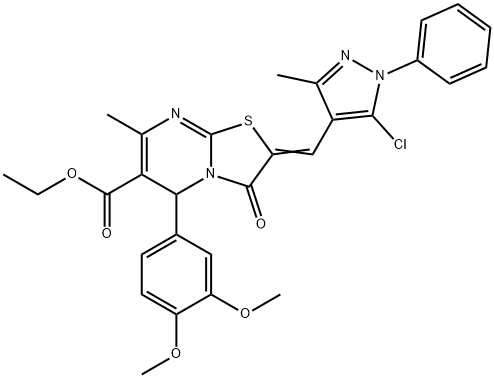 ethyl 2-[(5-chloro-3-methyl-1-phenyl-1H-pyrazol-4-yl)methylene]-5-(3,4-dimethoxyphenyl)-7-methyl-3-oxo-2,3-dihydro-5H-[1,3]thiazolo[3,2-a]pyrimidine-6-carboxylate Struktur