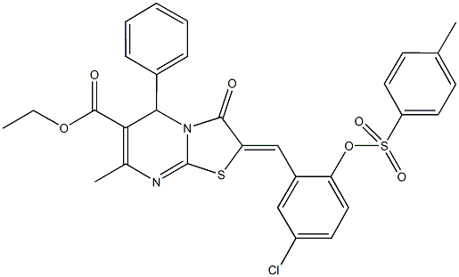 ethyl 2-(5-chloro-2-{[(4-methylphenyl)sulfonyl]oxy}benzylidene)-7-methyl-3-oxo-5-phenyl-2,3-dihydro-5H-[1,3]thiazolo[3,2-a]pyrimidine-6-carboxylate Struktur