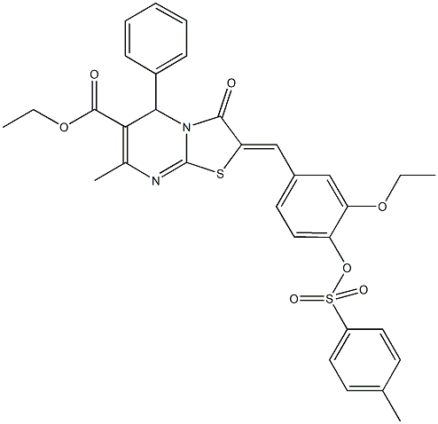 ethyl 2-(3-ethoxy-4-{[(4-methylphenyl)sulfonyl]oxy}benzylidene)-7-methyl-3-oxo-5-phenyl-2,3-dihydro-5H-[1,3]thiazolo[3,2-a]pyrimidine-6-carboxylate Struktur