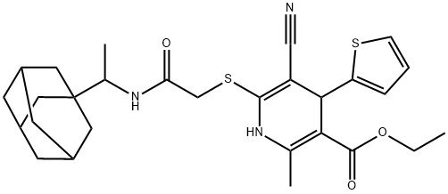 ethyl 6-[(2-{[1-(1-adamantyl)ethyl]amino}-2-oxoethyl)sulfanyl]-5-cyano-2-methyl-4-(2-thienyl)-1,4-dihydro-3-pyridinecarboxylate Struktur