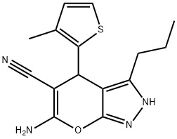 6-amino-4-(3-methyl-2-thienyl)-3-propyl-1,4-dihydropyrano[2,3-c]pyrazole-5-carbonitrile Struktur