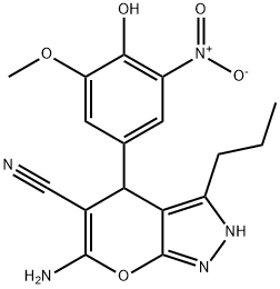 6-amino-4-{4-hydroxy-3-nitro-5-methoxyphenyl}-3-propyl-1,4-dihydropyrano[2,3-c]pyrazole-5-carbonitrile Struktur