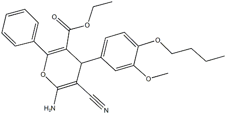 ethyl 6-amino-4-(4-butoxy-3-methoxyphenyl)-5-cyano-2-phenyl-4H-pyran-3-carboxylate Struktur