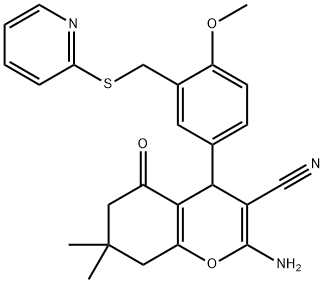 2-amino-4-{4-methoxy-3-[(2-pyridinylsulfanyl)methyl]phenyl}-7,7-dimethyl-5-oxo-5,6,7,8-tetrahydro-4H-chromene-3-carbonitrile Struktur