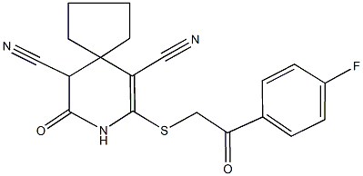 7-{[2-(4-fluorophenyl)-2-oxoethyl]sulfanyl}-9-oxo-8-azaspiro[4.5]dec-6-ene-6,10-dicarbonitrile Struktur