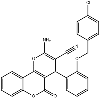 2-amino-4-{2-[(4-chlorobenzyl)oxy]phenyl}-5-oxo-4H,5H-pyrano[3,2-c]chromene-3-carbonitrile Struktur