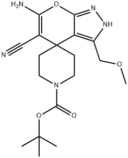 6-amino-5-cyano-1'-tert-butoxycarbonyl-3-(methoxymethyl)-2,4-dihydrospiro[pyrano[2,3-c]pyrazole-4,4'-piperidine] Struktur