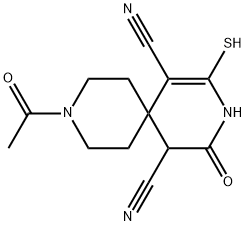 9-acetyl-4-oxo-2-sulfanyl-3,9-diazaspiro[5.5]undec-1-ene-1,5-dicarbonitrile Struktur