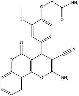 2-[4-(2-amino-3-cyano-5-oxo-4H,5H-pyrano[3,2-c]chromen-4-yl)-2-methoxyphenoxy]acetamide Struktur