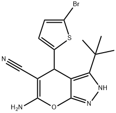 6-amino-4-(5-bromo-2-thienyl)-3-tert-butyl-2,4-dihydropyrano[2,3-c]pyrazole-5-carbonitrile Struktur