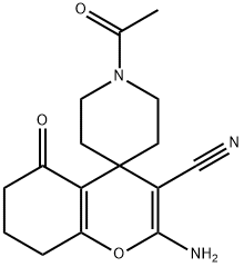 2-amino-3-cyano-1'-acetyl-5-oxo-5,6,7,8-tetrahydrospiro[4H-chromene-4,4'-piperidine] Struktur